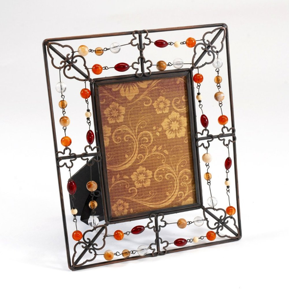 Pier 1 Imports Metal and Beaded Photo Frame 6.5" x 8.5 Fits 3.5" x 5" Photo.